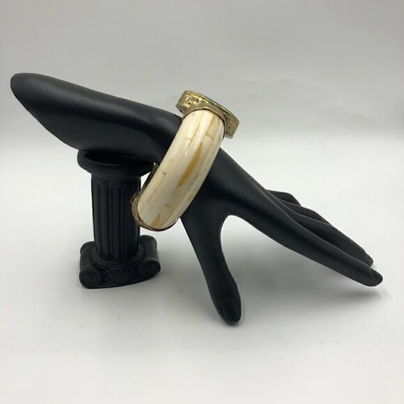 Vintage Ivory Bangle Women's Bracelet Pin Closure Large Moss Agate AS IS - Picture 2 of 13